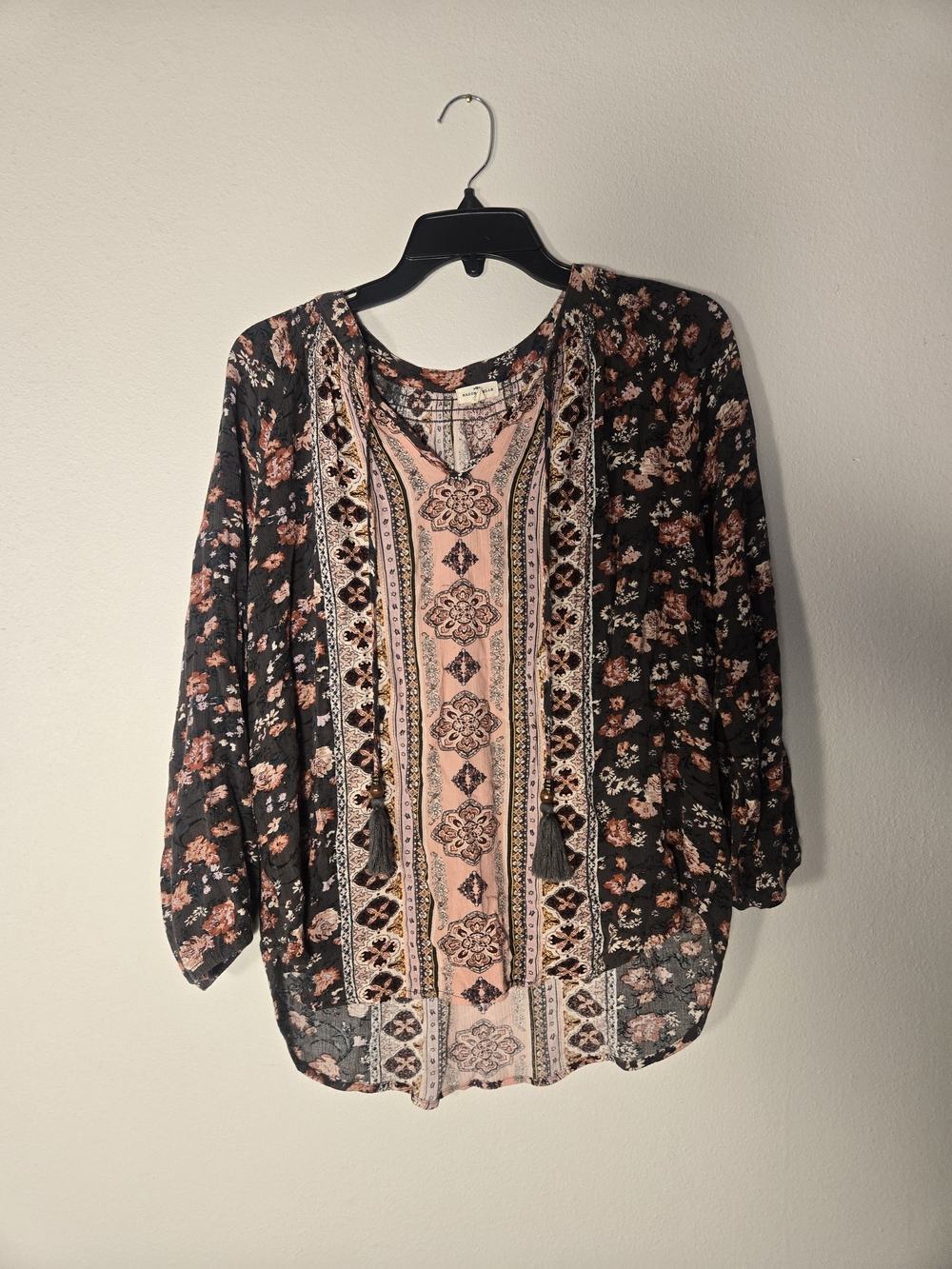 Embroidered Floral Peasant Blouse - Pink & Black